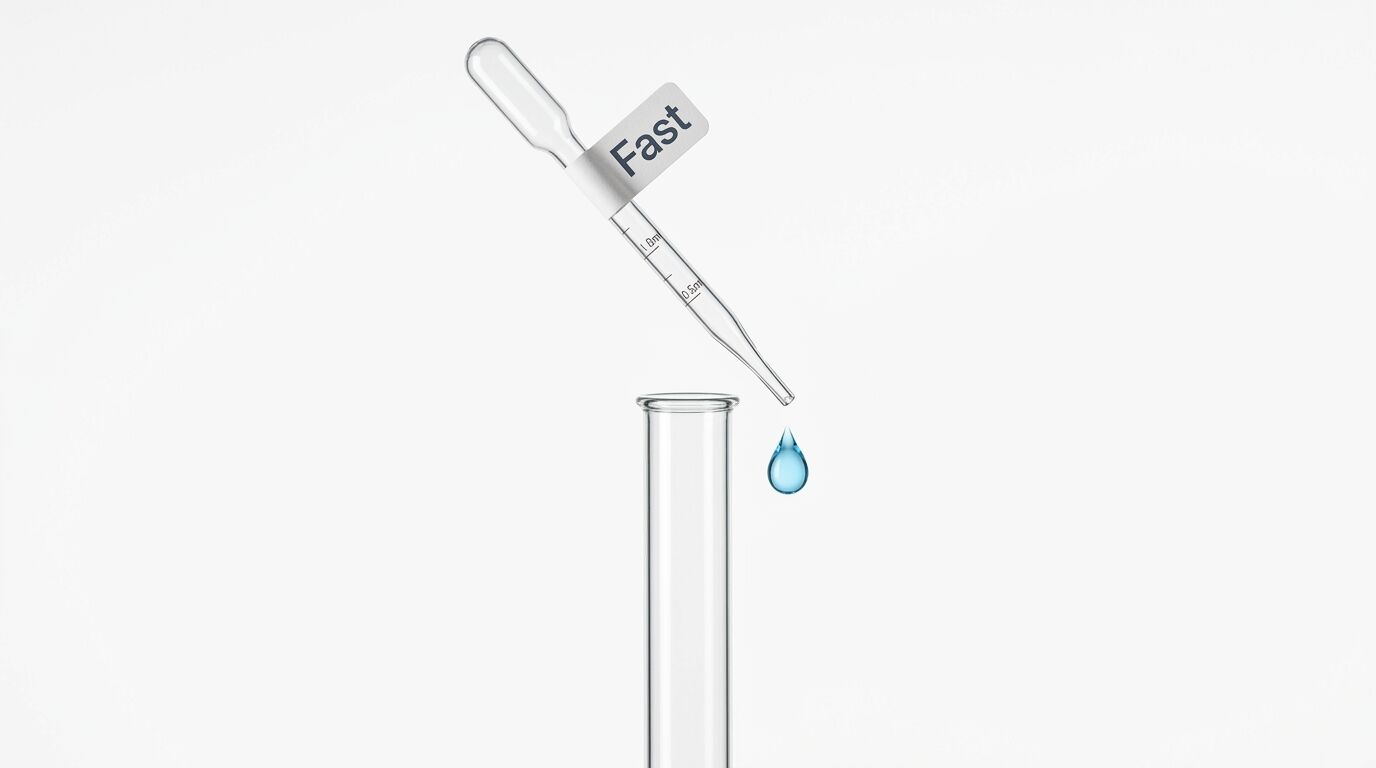 Eine Pipette mit der Beschriftung "Fast" über einem Reagenzglas, aus dem eine blaue Flüssigkeitstropfen fällt