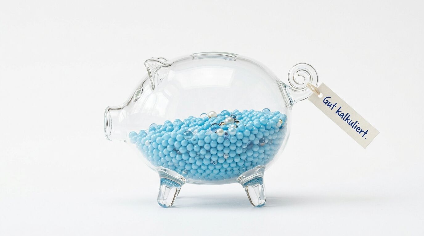 Transparentes Sparschwein aus Glas gefüllt mit blauen Perlen, mit Etikett "Gut kalkuliert"