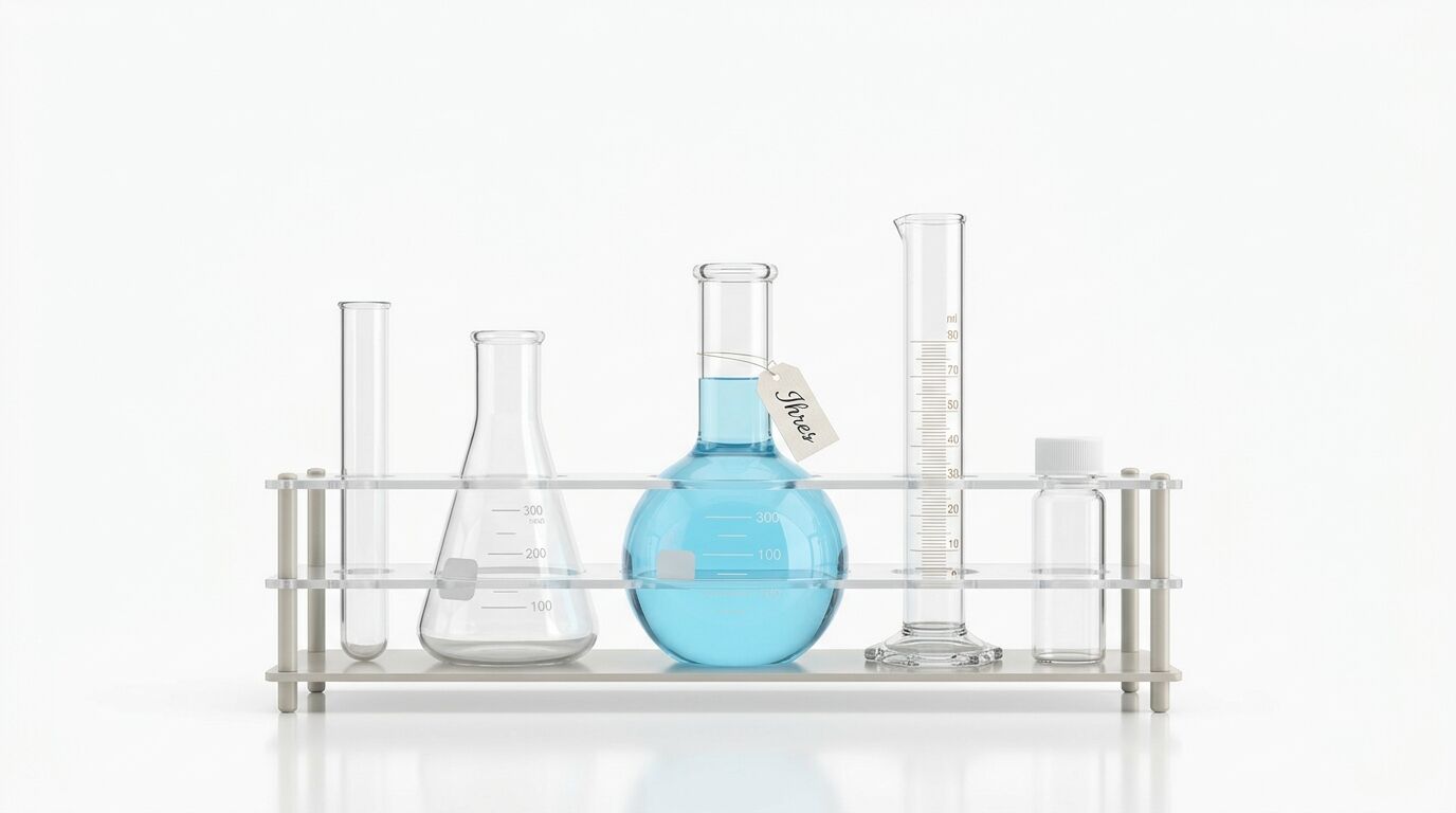 Laborglasgeräte in einem Ständer: Reagenzgläser, Erlenmeyerkolben, eine blaue Kugelflasche mit Etikett und ein Messzylinder