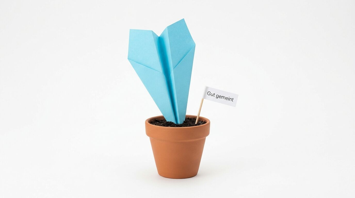 Blauer Papierkaktus in Terrakottatopf mit Schild "Gut gemeint" auf hellem Hintergrund