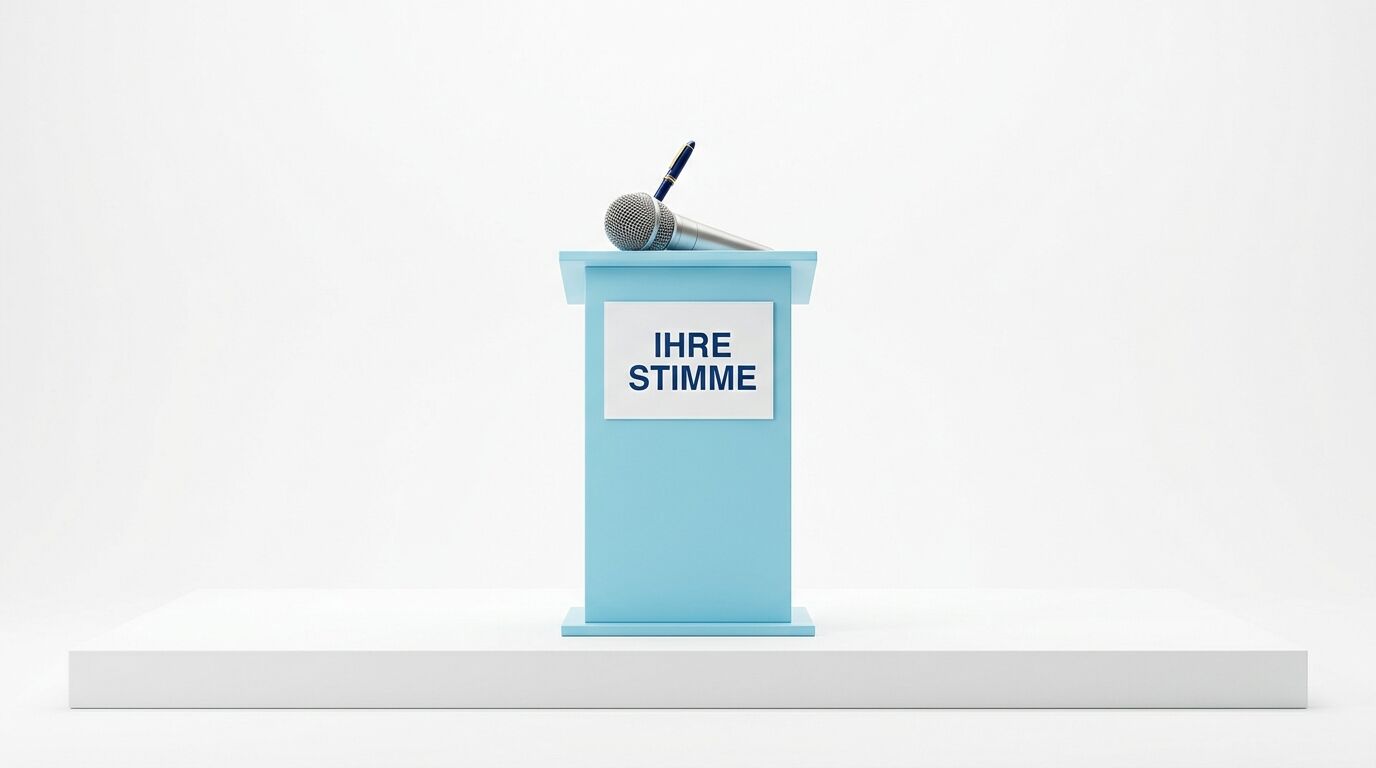 Hellblaues Rednerpult mit Schild "IHRE STIMME" und Mikrofon auf grauer Plattform vor hellem Hintergrund