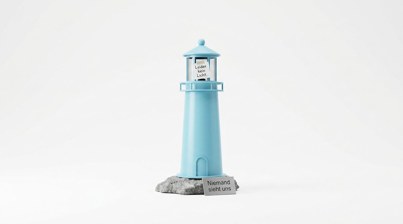 Hellblauer Leuchtturm auf grauem Steinsockel mit deutschen Textaufklebern gegen hellen Hintergrund