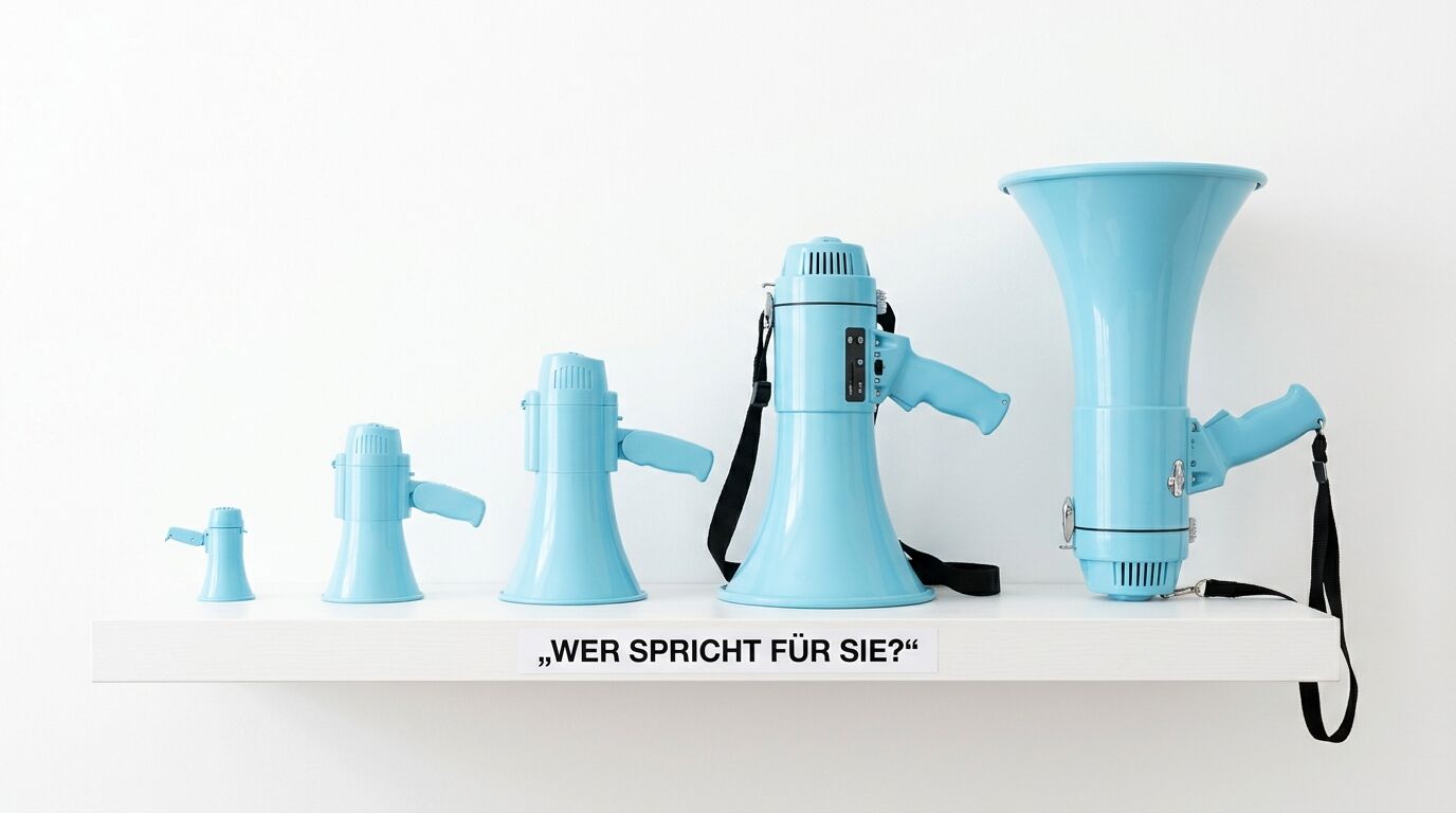 Fünf hellblaue Megaphone in aufsteigender Größe mit schwarzen Trageriemen, arrangiert von klein bis groß nebeneinander