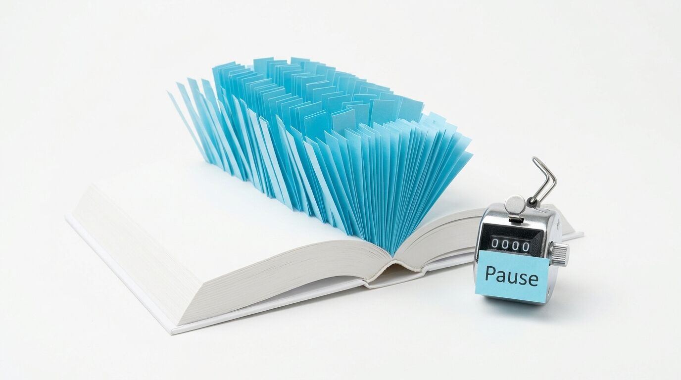 Geöffnetes Buch mit gefalteten blauen Seiten und Klickzähler mit dem Wort „Pause“ davor