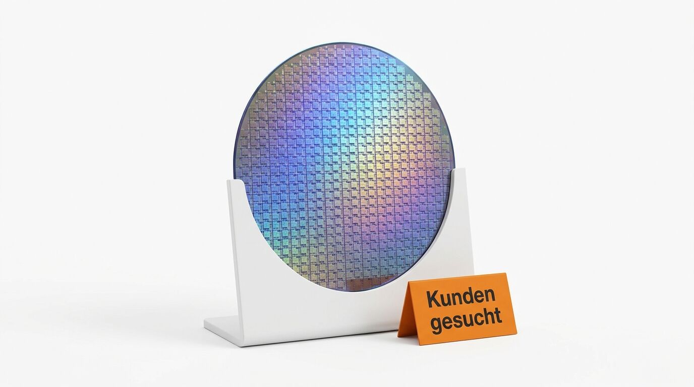 Siliziumwafer auf Ständer und Schild „Kunden gesucht“