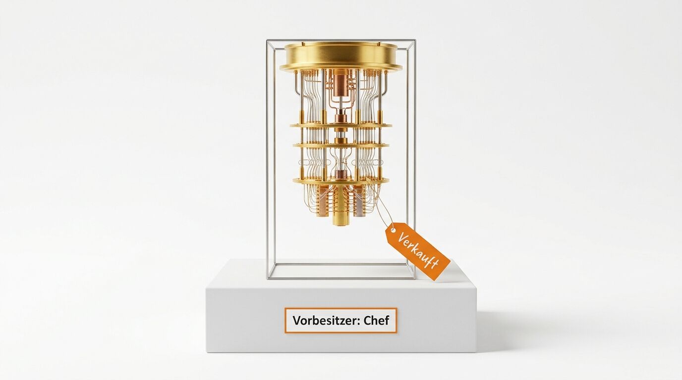 Goldenes Quantencomputer-Modell mit „Verkauft“-Schild und Sockel: „Vorbesitzer: Chef“
