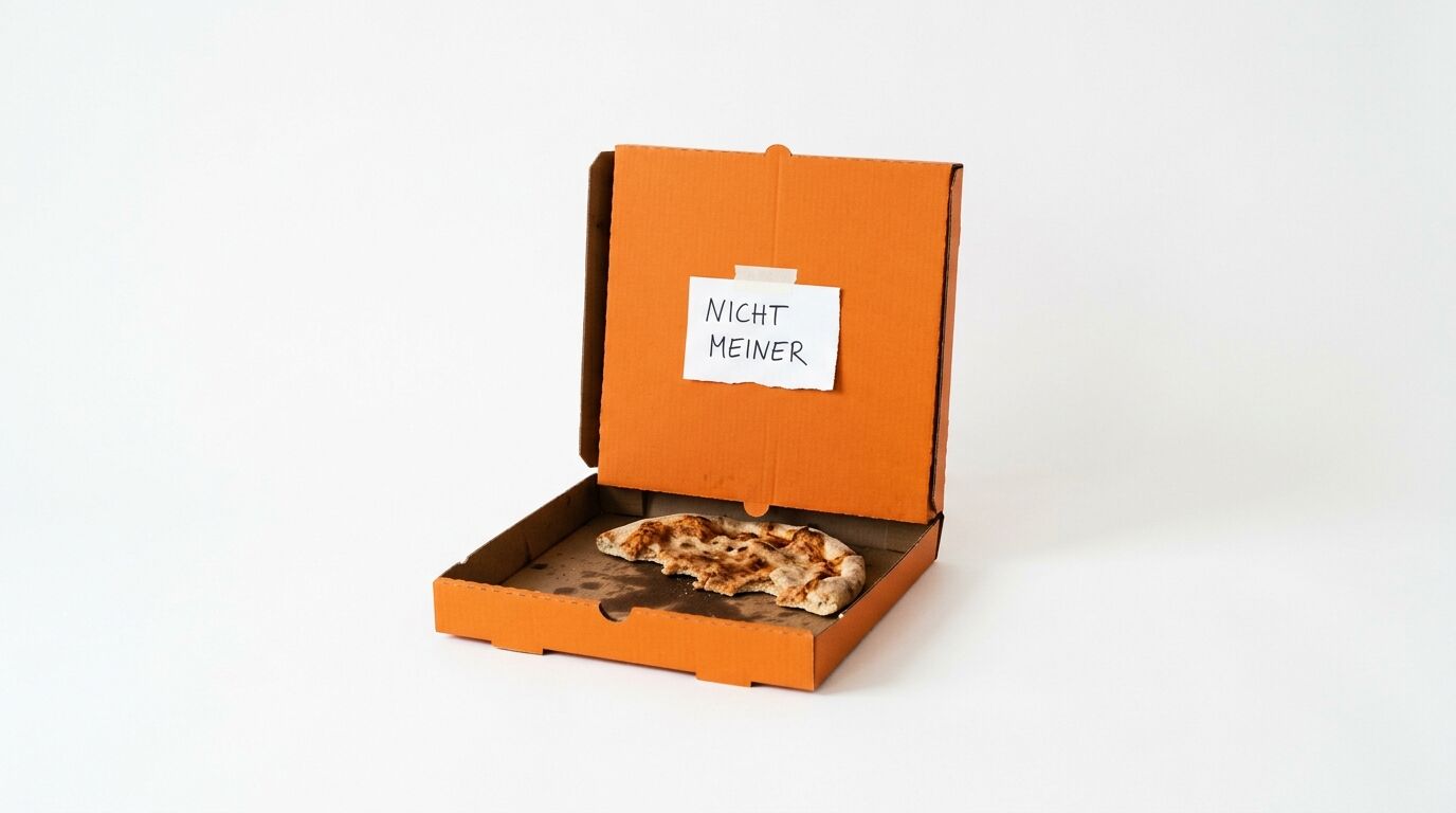 Geöffneter orangefarbener Pizzakarton mit Pizzarest und Notiz „NICHT MEINER“ auf weiß