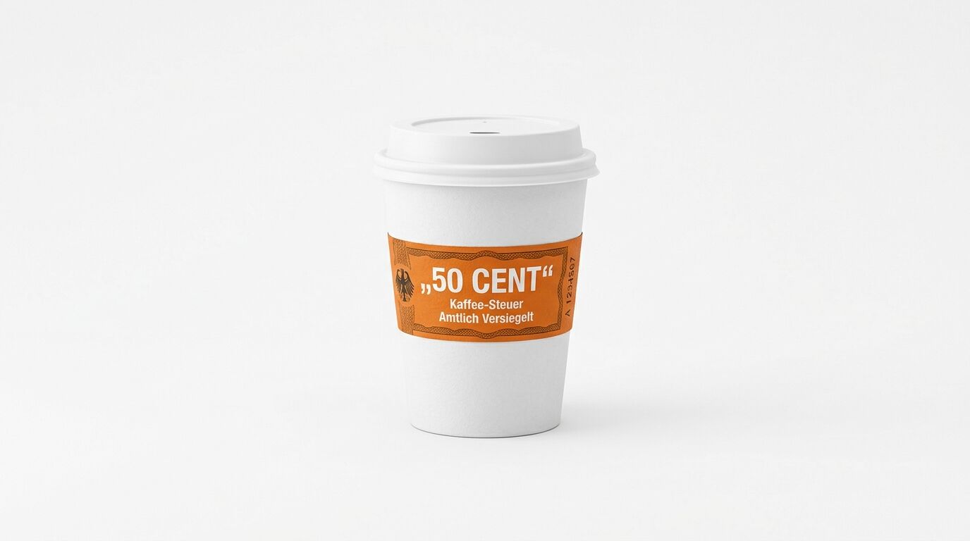 Weißer Kaffeebecher mit Deckel und orangefarbenem Steuerband „50 Cent“
