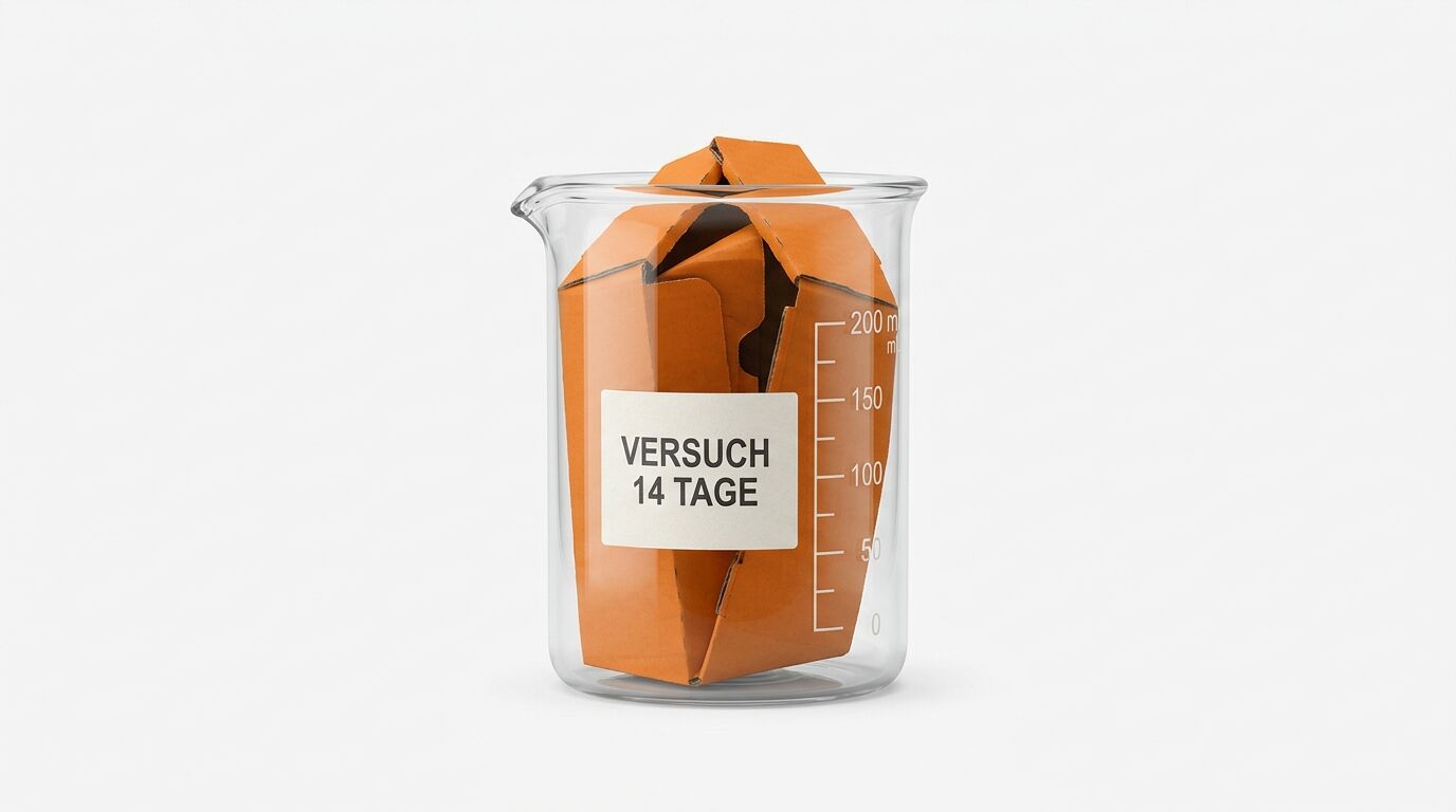 Becherglas mit zerknülltem orangem Karton und Etikett „VERSUCH 14 TAGE“ vor weißem Hintergrund