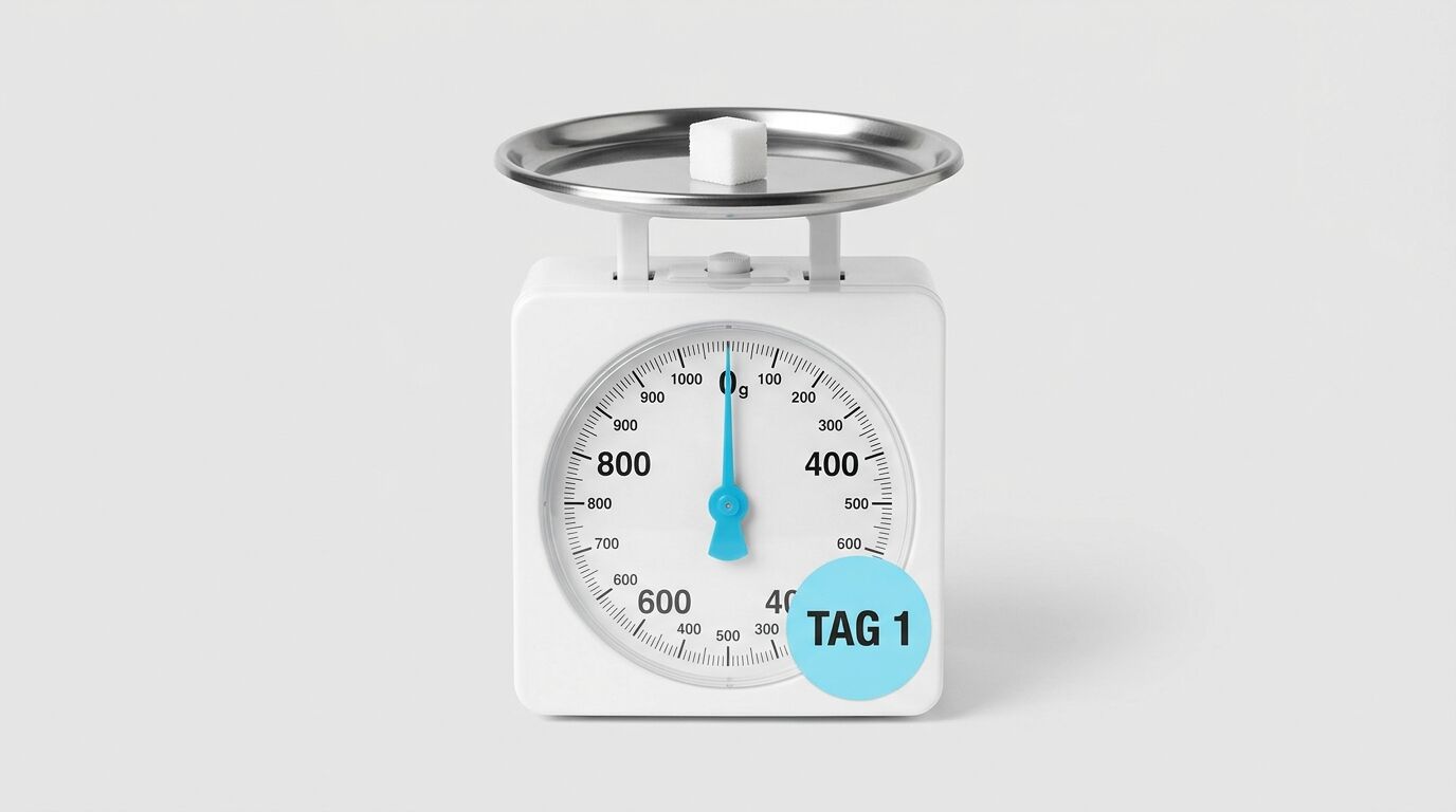 Weiße Küchenwaage mit Metallschale, darauf ein Zuckerwürfel; Aufkleber mit Text „TAG 1“