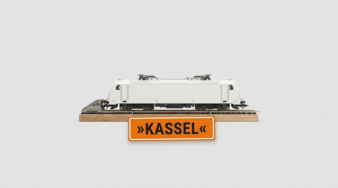Modell-E-Lok auf Gleisstück vor neutralem Hintergrund mit Schild „KASSEL“