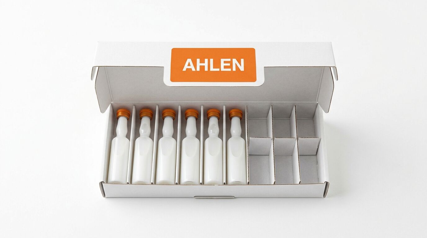 Sechs beigefarbene Phiolen in einem weißen Karton mit dem orangefarbenen Schriftzug AHLEN