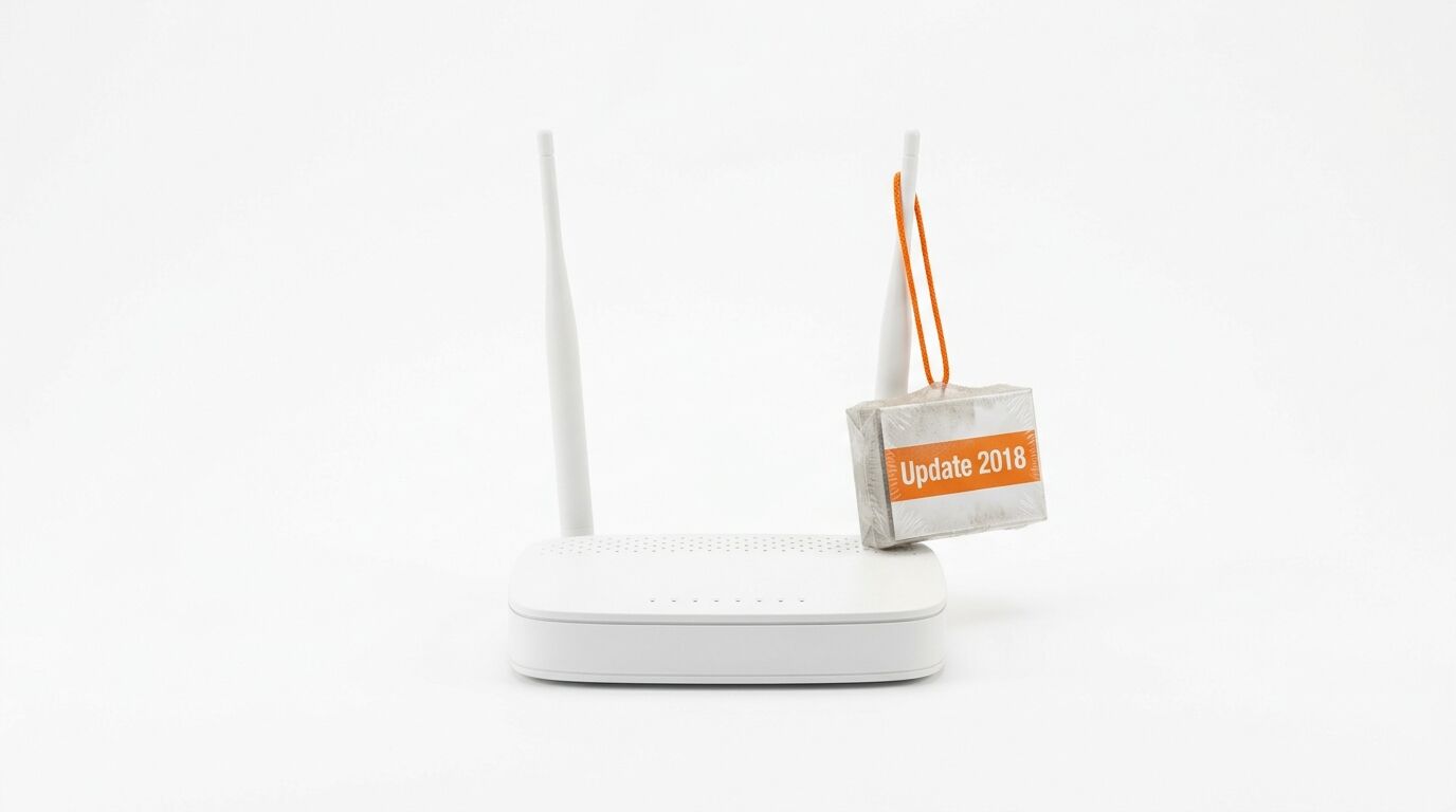 Ein weißer Router mit einem verpackten Anhänger und der Aufschrift „Update 2018“ an einer Antenne