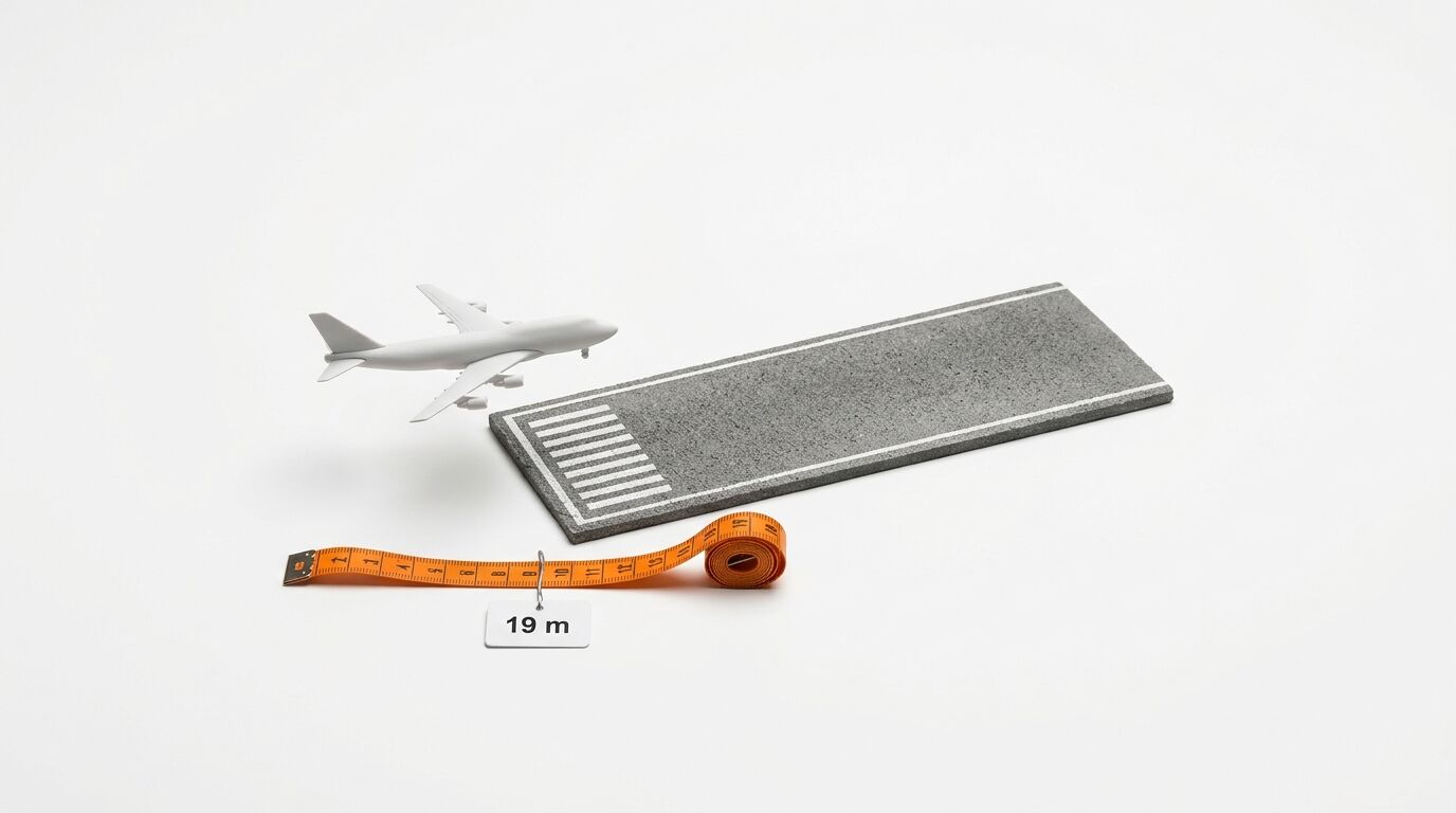 Modellflugzeug, Miniatur-Landebahn und Maßband mit „19 m“-Schild vor weißem Hintergrund