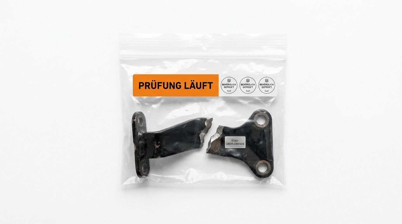 Plastikbeutel mit gebrochenem Metallteil, orangefarbenem Aufkleber „PRÜFUNG LÄUFT“ und Siegeln