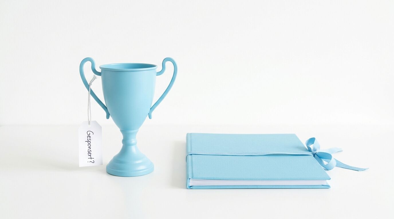 Hellblauer Pokal mit Tag „Gesponsert?“ und geschlossenes blaues Buch auf weißem Grund