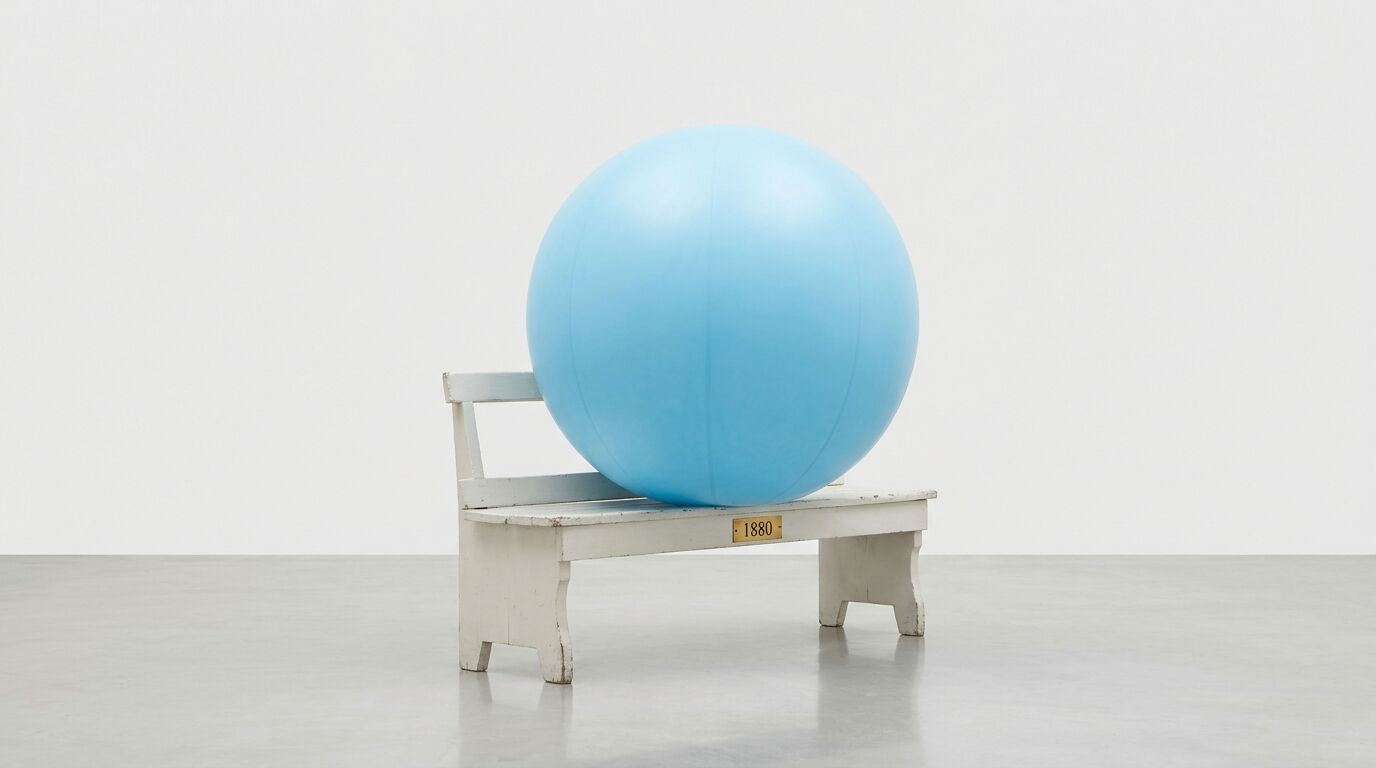 Ein großer hellblauer Ball liegt auf einer kleinen weißen Holzbank in einem leeren Raum