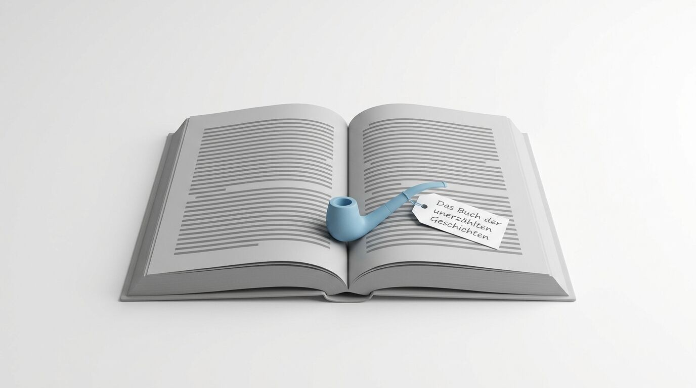Offenes graues Buch mit hellblauer Pfeife und Anhänger „Das Buch der unerzählten Geschichten“