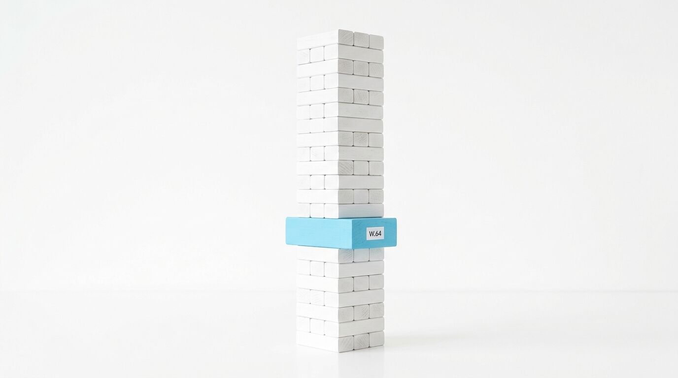 Turm aus weißen Holzklötzen mit einem blauen Querbalken und der Aufschrift