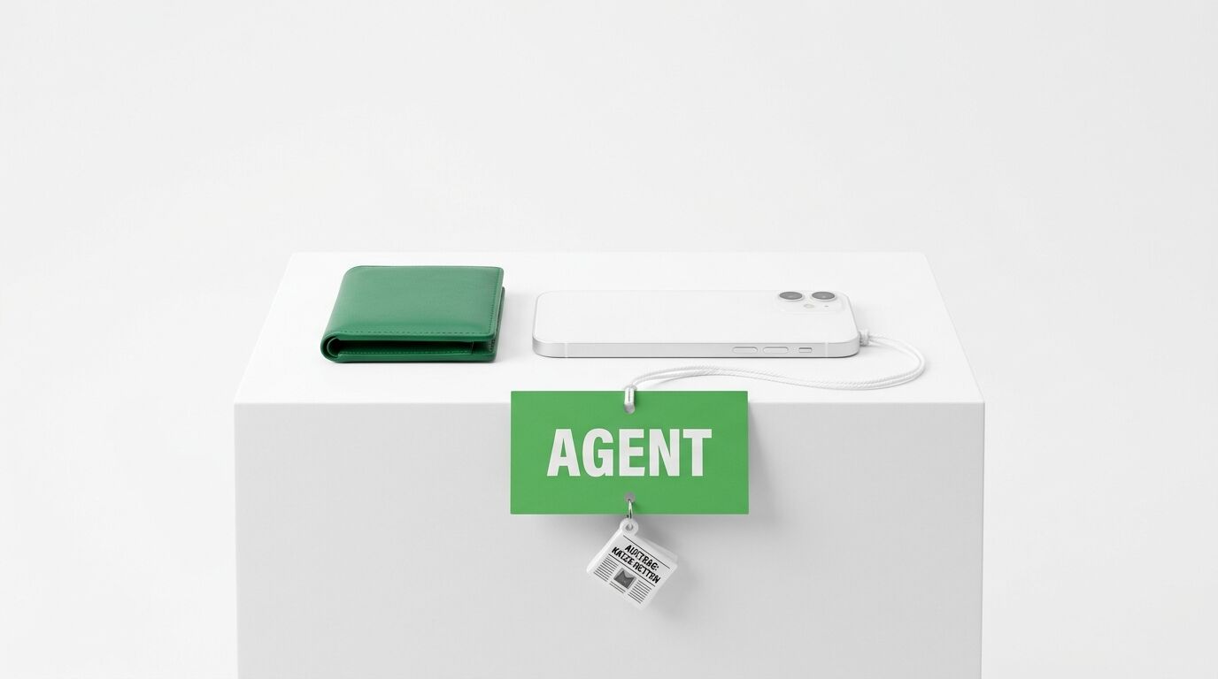 Grüne Geldbörse, Smartphone, Namensschild und Anhänger auf weißem Podest