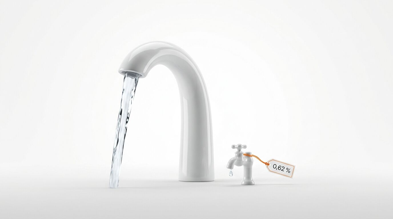 Ein großer, fließender und ein kleiner Wasserhahn mit Preisschild 0,62 %