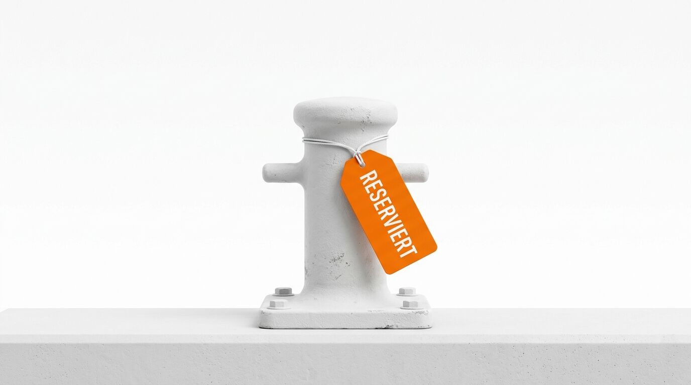 Ein weißer Poller mit einem orangefarbenen Anhänger und der Aufschrift