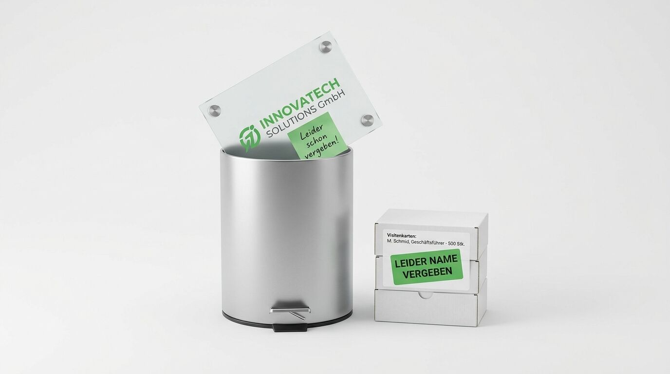 Metallischer Behälter mit Innovatech-Visitenkarte und Visitenkartenbox mit grünem Label auf weißem Hintergrund
