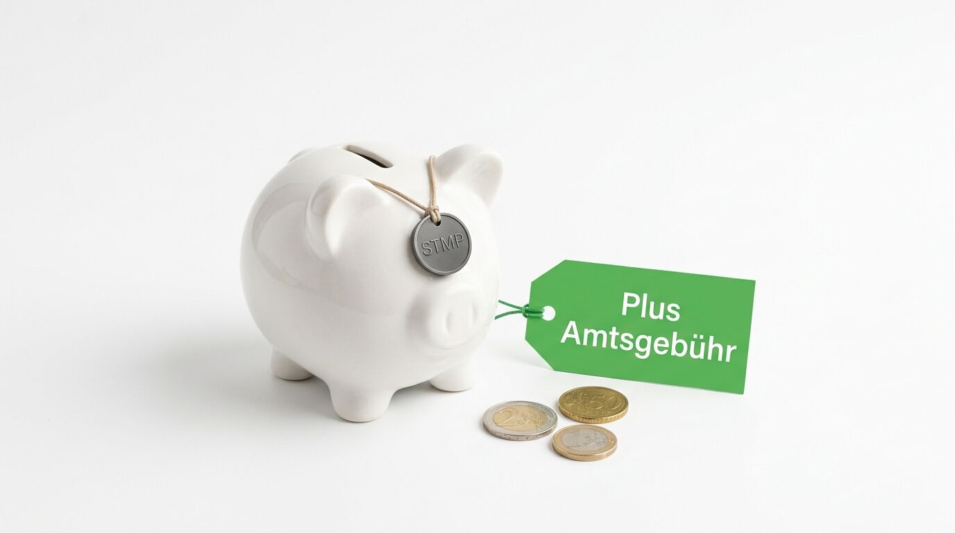 Sparschwein mit STMP-Anhänger, grünem Etikett "Plus Amtsgebühr" und Münzen