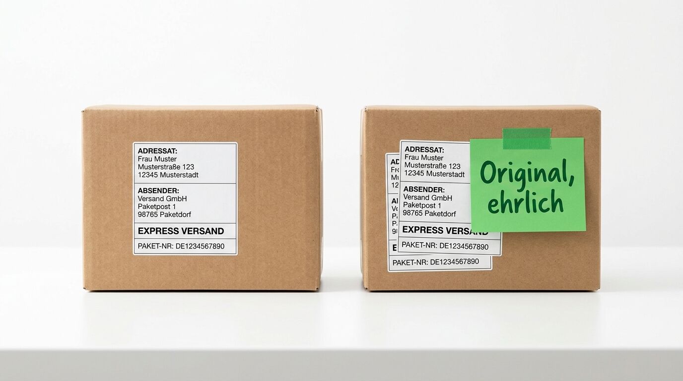 Zwei Kartonboxen nebeneinander. Die rechte hat einen grünen Aufkleber mit "Original, ehrlich". Beide tragen Versandetiketten mit Adressdaten und Paketnummern
