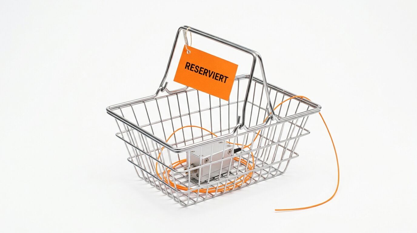 Drahtkorb mit elektronischem Gerät, orangefarbenem Kabel und „RESERVIERT“-Schild
