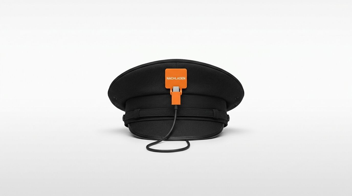 Schwarze Schirmmütze mit orangefarbenem USB-Stick-Anschluss und Kabel