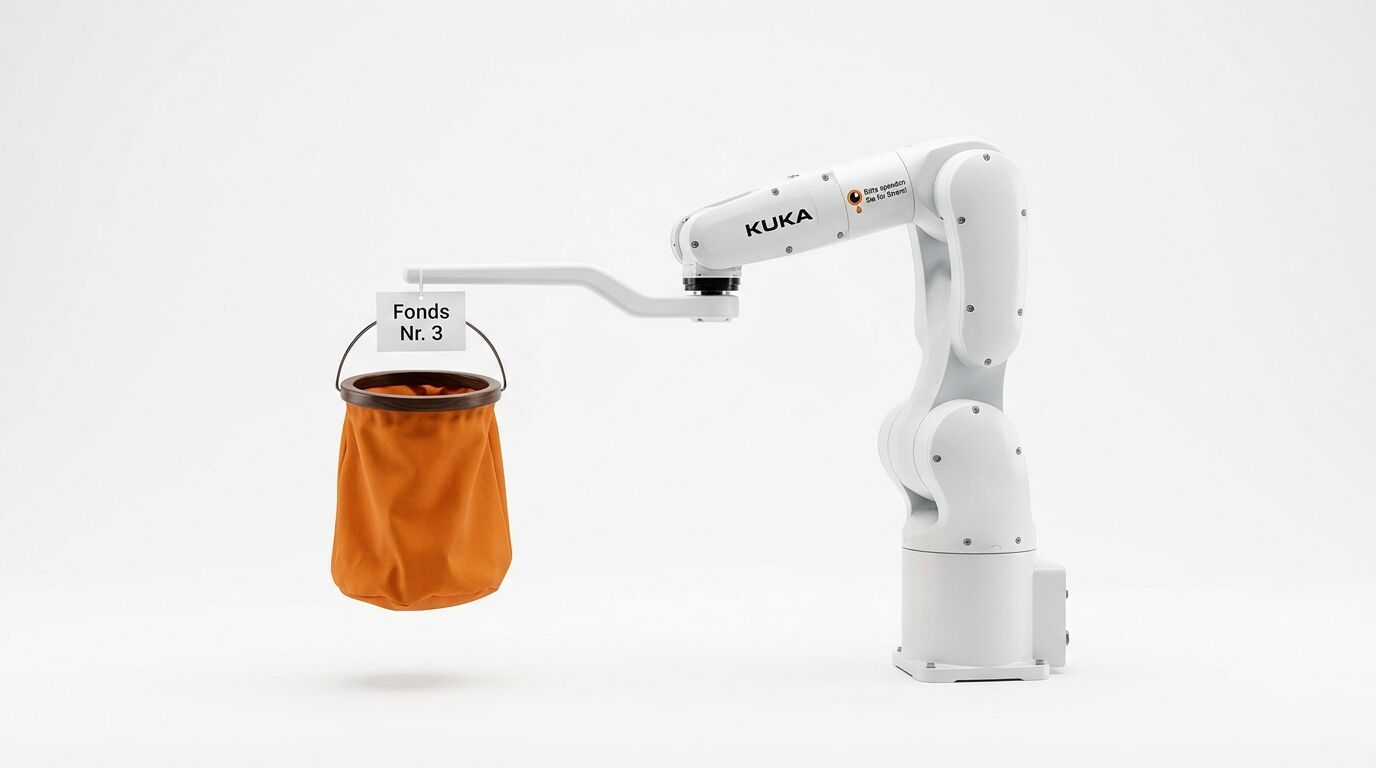 Ein Kuka-Roboterarm hält einen Spendenbeutel mit der Aufschrift „Fonds Nr. 3“