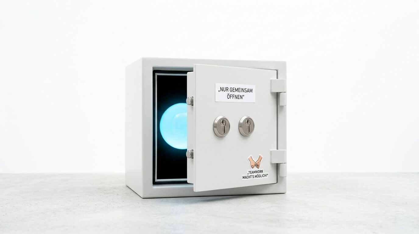 Ein weißer, geöffneter Tresor mit blau leuchtender Kugel im Inneren