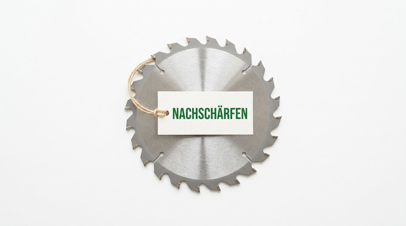 Kreissägeblatt mit Anhänger, beschriftet mit „NACHSCHÄRFEN“ in grüner Schrift, auf weißem Grund
