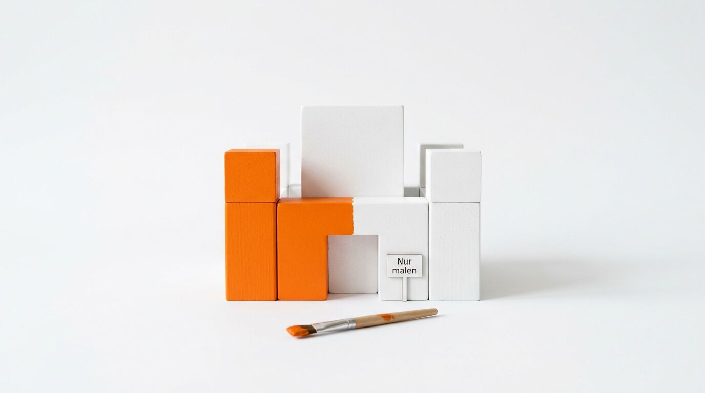 Modellhaus aus weiß-orangen Holzklötzen mit Pinsel und „Nur malen“-Schild vor Weiß
