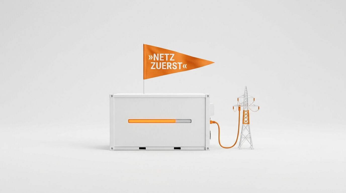 Weißer Container mit Ladebalken, orangener Flagge („NETZ ZUERST“) und Strommast