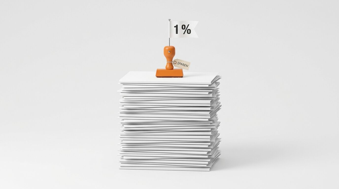 Stempel auf Papierstapel mit „SPAREN“-Anhänger und „1%“-Flagge auf weißem Hintergrund