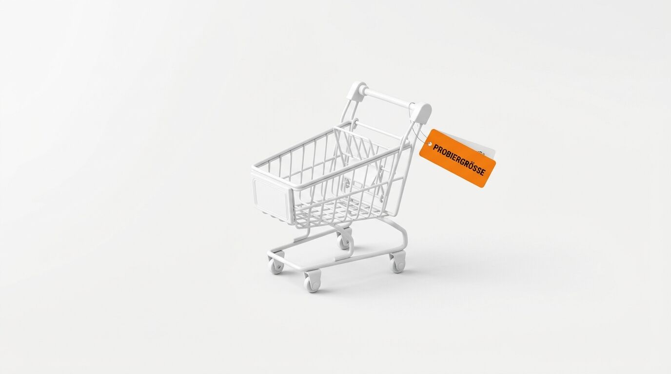 Mini-Einkaufswagen mit orangerotem Etikett mit der Aufschrift „PROBIERGRÖSSE“