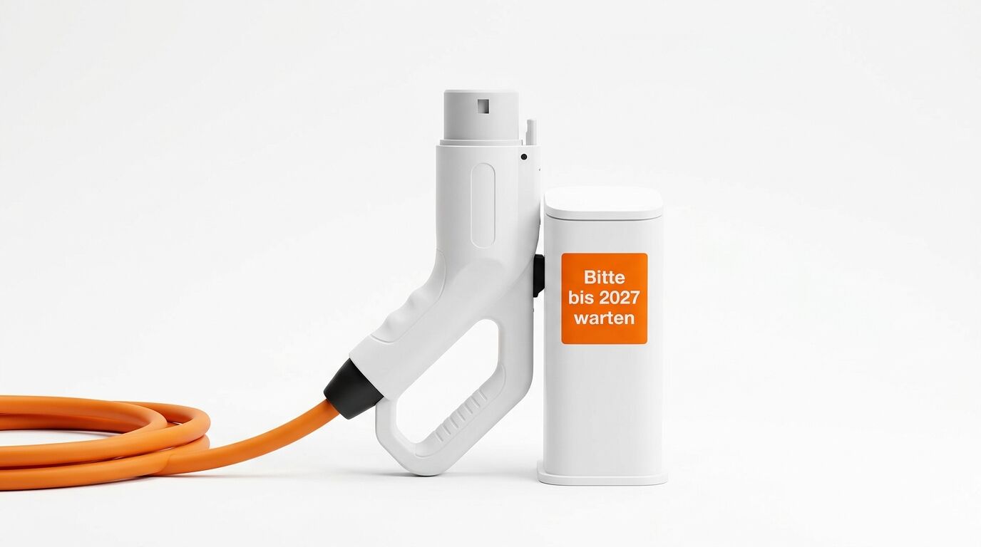Weißer Ladestecker an Sockel mit Aufschrift „Bitte bis 2027 warten“ und orangem Kabel