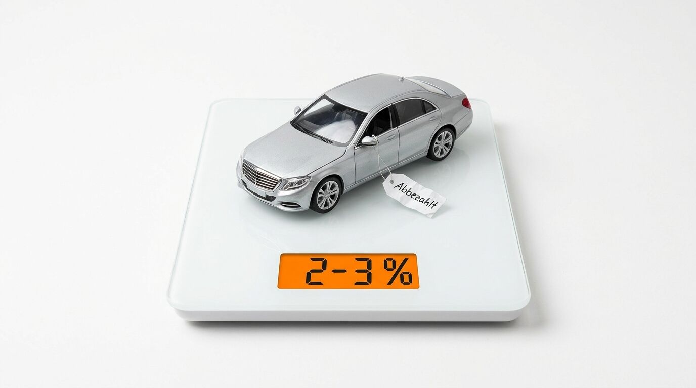 Silbernes Spielzeugauto auf Waage mit „Abbezahlt“-Schild, Display zeigt „2-3%“