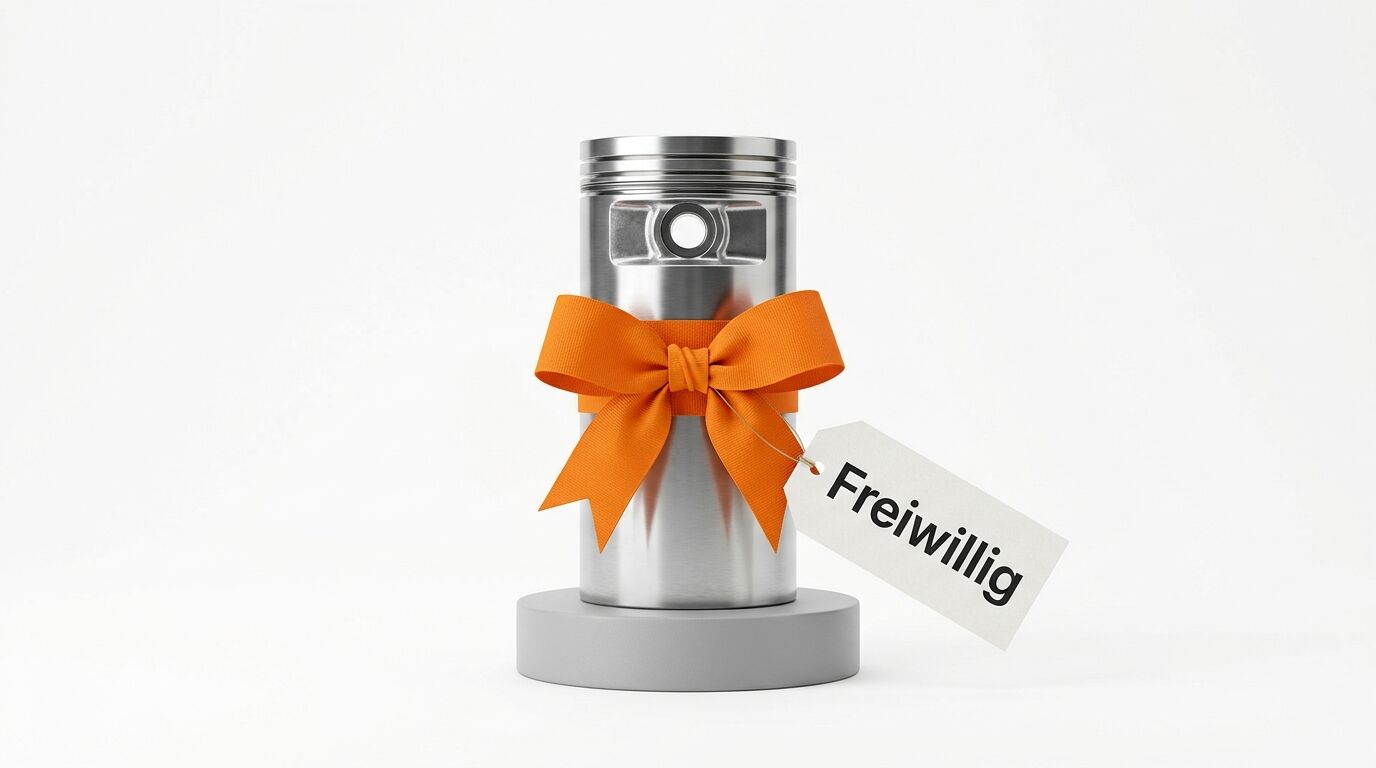 Ein Kolben mit orangefarbener Schleife und Anhänger „Freiwillig“ auf grauem Sockel vor weißem Hintergrund