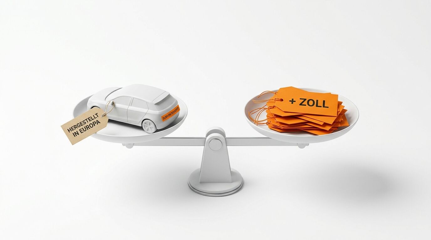 Waage mit Auto und Etiketten „+ Zoll“ und „Hergestellt in Europa“ (in Balance)