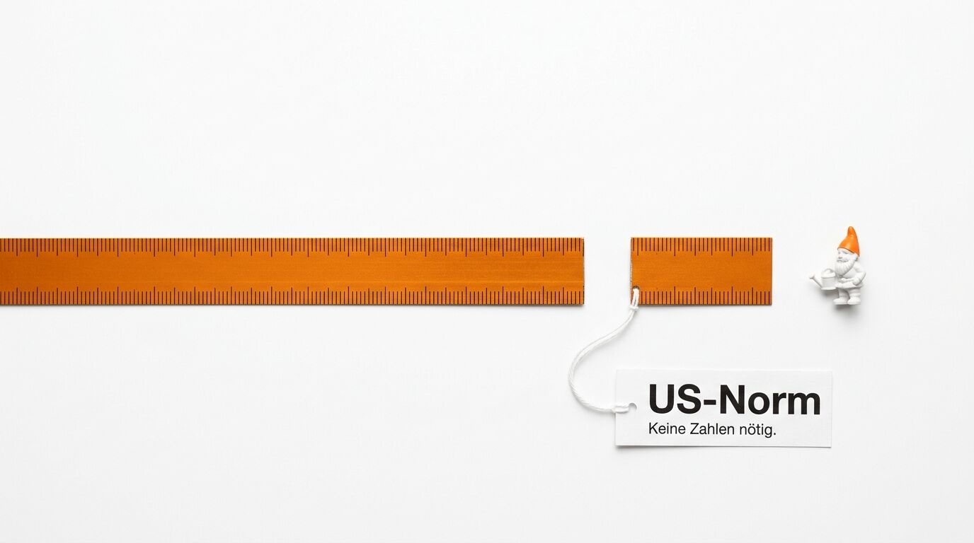 Zollstockteile, Gartenzwerg und Kärtchen mit Text „US-Norm“