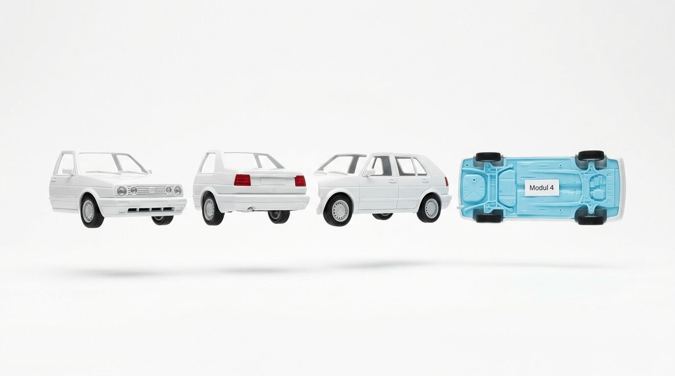 Vier schwebende Modellauto-Teile eines VW Golf 2 vor weißem Hintergrund