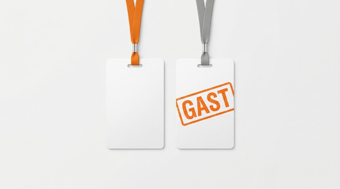 Zwei Blanko-Ausweise mit orangefarbenem und grauem Schlüsselband, einer mit „Gast“-Stempel