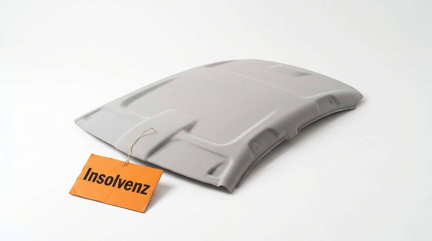 Graues Metallteil mit einem orangefarbenen Pappschild, beschriftet mit „Insolvenz“