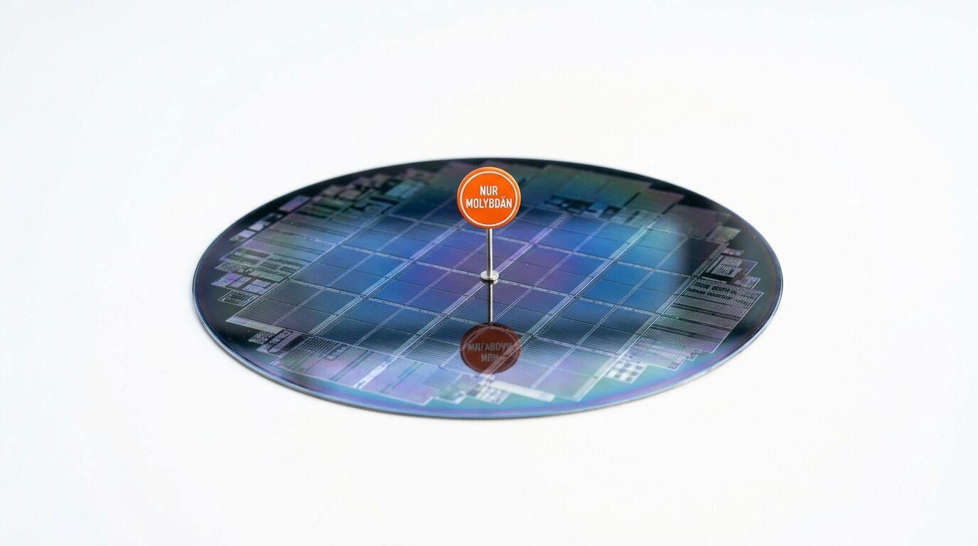 Siliziumwafer mit strukturierter Oberfläche und orangefarbenem Schild mit der Aufschrift 'NUR MOLYBDÄN' in der Mitte