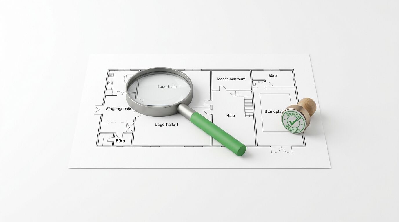 Architekturplan mit Lupe und Genehmigungsstempel zur Veranschaulichung von Inspektions- und Genehmigungsprozessen