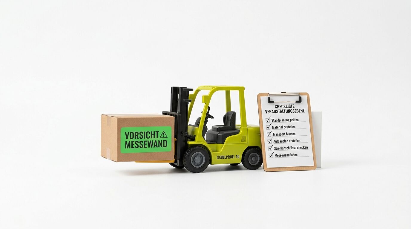 Gabelstapler mit Karton, Warnschild und Checkliste für Veranstaltungsabläufe auf weißem Hintergrund