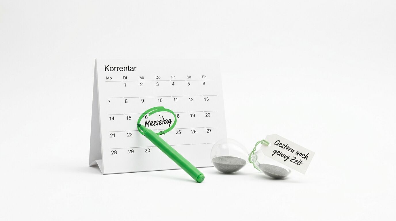 Tischkalender "Korrentar" mit grünem Marker, der den 16. als "Messetag" markiert, daneben Steine und eine Notiz